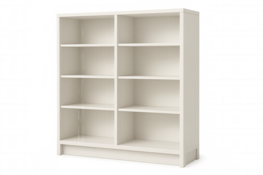 Modern white bookcase with empty shelves, perfect for displaying books and decorative objects, isolated on transparent background