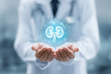 Doctor's hands gently cradling a glowing digital kidney model