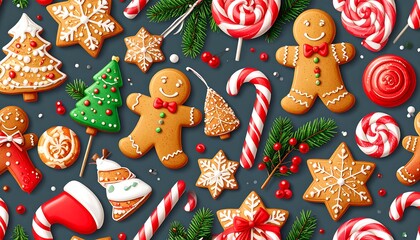 Festive Christmas cookies and candies on a dark background
