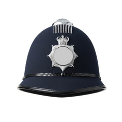 Naklejka premium Traditional british bobby police custodian helmet with a silver crown badge and insignia
