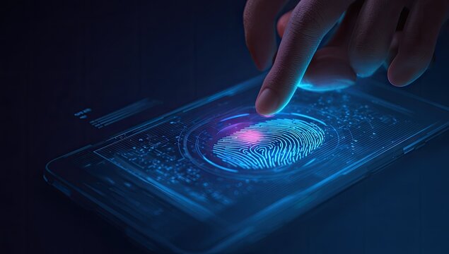 Finger scans a digital fingerprint on a futuristic device for secure access