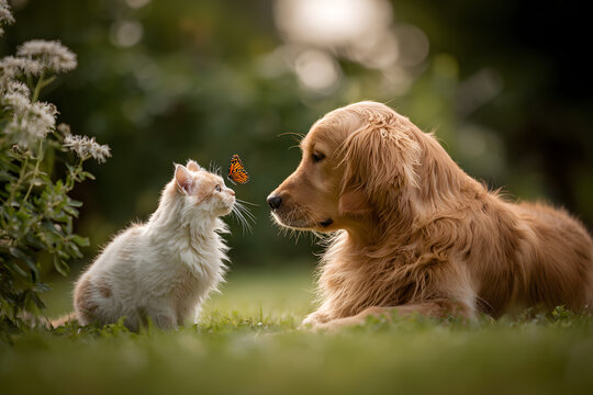cute fluffy friends a cat and a dog catch a flying butterfly in a sunny summer garden - Powered by Adobe