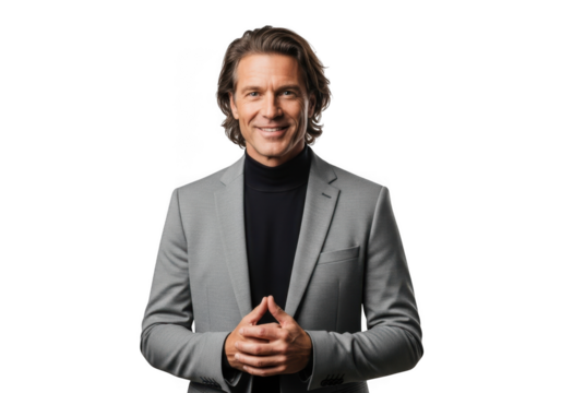 Professional businessman in gray suit smiling portrait photo, handsome man isolated image, business person isolated on transparent background