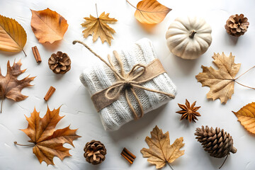 Fototapeta premium Knitted gift box with autumn leaves and pinecones present