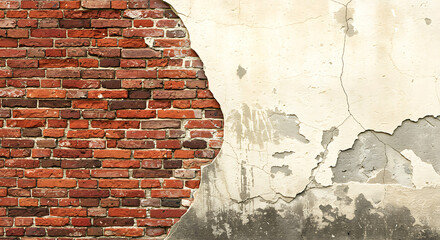 Close up of an aged weathered brick wall with peeling plaster revealing the textured red bricks underneath