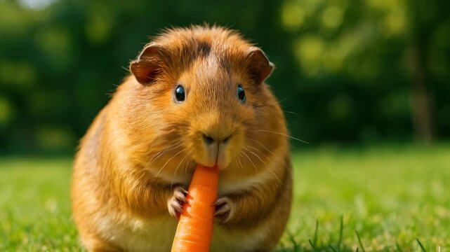Close-up video shot of a cute guinea pig eating a carrot on green grass. Captured at eye level, showcasing the vibrant fur and natural setting. Live desktop wallpaper.