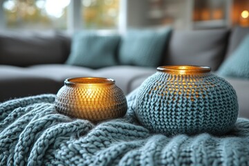 Cozy living room scene featuring knitted candle holders on a soft blanket with a warm glow