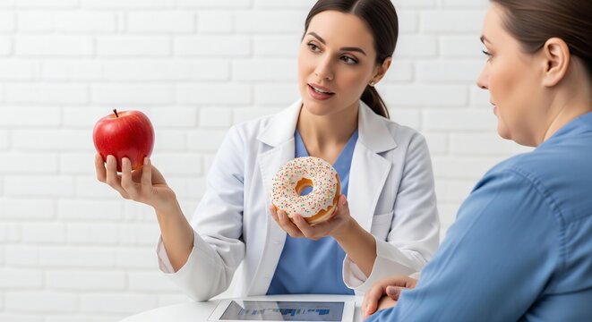 Nutrient Density Explained: A Doctor Uses Realistic Food Models of an Apple and a Pastry to Teach a Patient About Healthy Choices.