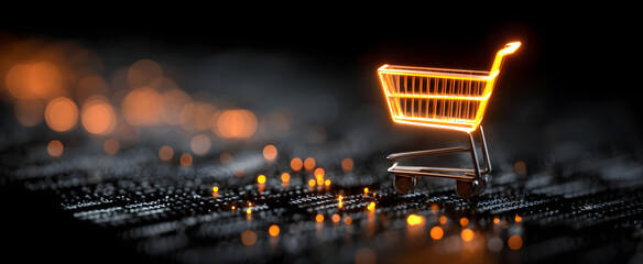 The glowing shopping cart symbol on a digital technology background.