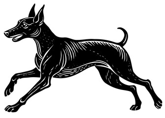 Doberman Running Silhouette Linocut, Athletic Guard Dog Vector Illustration