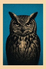 Vintage Owl Portrait with Halftone Print Texture on Blue Background