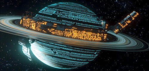 Explore futuristic glowing space station orbiting planet with digital design elements perfect for science fiction projects and technology concepts