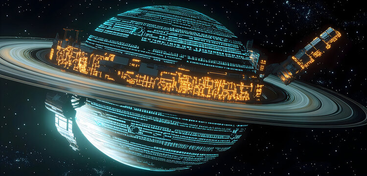Explore futuristic glowing space station orbiting planet with digital design elements perfect for science fiction projects and technology concepts