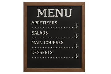 restaurant menu chalkboard, handwritten chalk text, wood frame, no background, transparent PNG