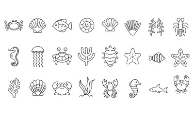 Cute Sea Animals Icons Cartoon Ocean Creatures Fish, Crabs, Shells, Dolphins, Starfish & More Vector