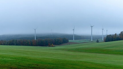 Wind Turbines on Green Hills in Fog