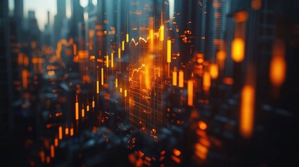 Abstract cityscape with glowing financial data