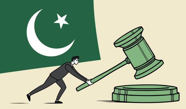 Pakistan government regulations to manipulate or control company with new rules concept, businessman business owner or investor try to survive from big gavel hammer with mini Paksitani flag.