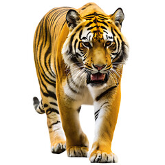 Obraz premium Majestic Bengal Tiger Walking Forward with Open Mouth on Background big cat isolated on a transparent background