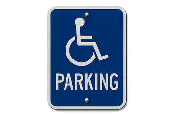 blue handicap parking sign, reflective white letters, aluminum material, bolts visible, isolated on transparent background