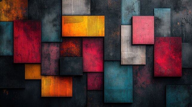 Abstract rectangular shapes in vibrant colors, layered on dark background