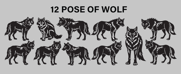 12 Wolf Silhouette Pose Collection