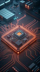 Fototapeta premium A green electronic circuit board with a processor chip and other components is a marvel of modern digital technology and engineering