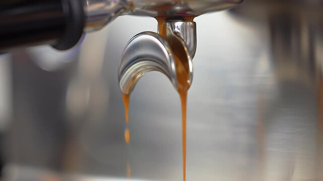 A close-up of fresh, hot espresso pouring from the double spout of a portafilter on a coffee machine.