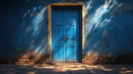 Aged blue door, sun-dappled wall
