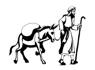 Vector drawing. Donkey loaded with cargo