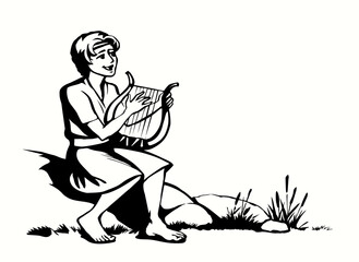 Vector drawing. Guy playing the harp