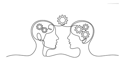 Two heads with gears continuous line drawing knowledge sharing illustration