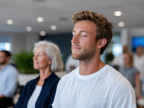 Business people meditating in office meeting room: taking a break for mindfulness and stress relief