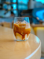 Caramel ice coffee in an upmarket cafe shop in Ekkamai Bangkok BKK Thailand 