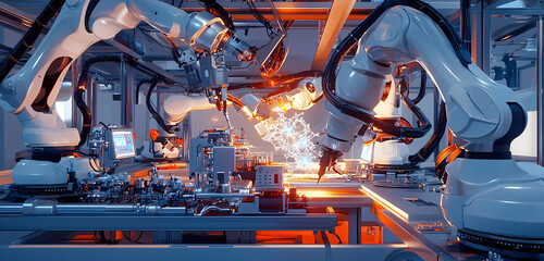 Automated robotic arms working precisely for manufacturing, showcasing modern industrial technology with efficiency and innovation in a dynamic factory setting