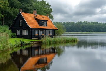 Fototapeta premium Tranquil lakeside cabin with orange roof reflecting in calm water surrounded by lush greenery