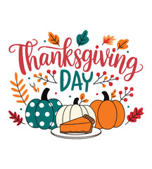 Happy Thanksgiving Typography with Pumpkins and Autumn Leaves Illustration