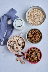 Homemade granola and muesli on a white background.