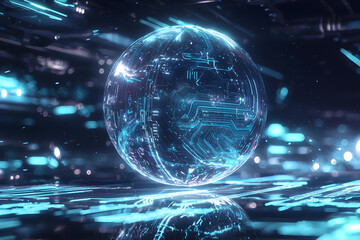 Fototapeta premium Futuristic glowing blue orb showcases AI technology and network connectivity for modern innovations and digital transformation success stories