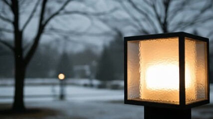 Illuminated cube lantern shines on a winter landscape with leafless trees, suitable for cozy home decor or outdoor adventure themes. - Powered by Adobe