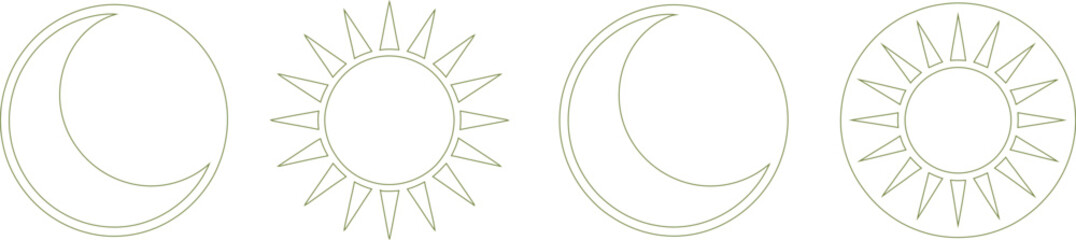 Celestial Cycle Sun and Moon Icons in Olive Outline on Transparent Background