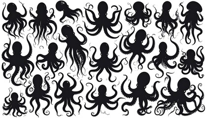 Naklejka premium Black silhouettes of many octopuses