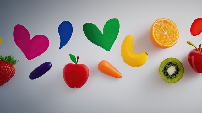 Colorful Fruit and Vegetable Icons with Pastel Hearts