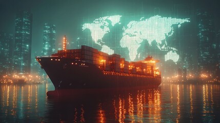 Obraz premium Cargo ship at night, global network overlay