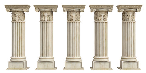Row of Five Ornate Ancient Greek Corinthian Columns architecture isolated on a transparent background
