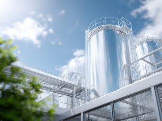 Modern industrial silos reflecting blue sky and clouds in chemical plant