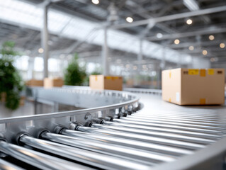 Cardboard boxes moving on conveyor belt in distribution warehouse