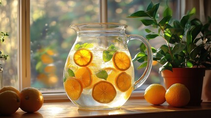 Citrus-infused water pitcher on windowsill