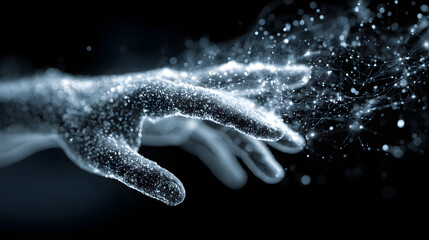 Fototapeta premium Digital hand interacting with glowing data particles in futuristic virtual interface.