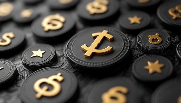 Close-up view of various gold and black coins arranged on a textured surface, symbolizing wealth